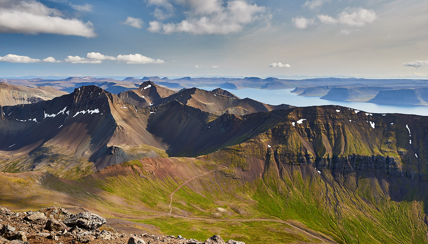 Multiple hiking options in Westfjords Iceland.Kaldbakur mountain.